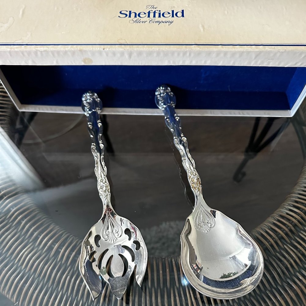 Vintage The Sheffield Silver Company Pair of Serving Spoons Boxed Floral Pattern